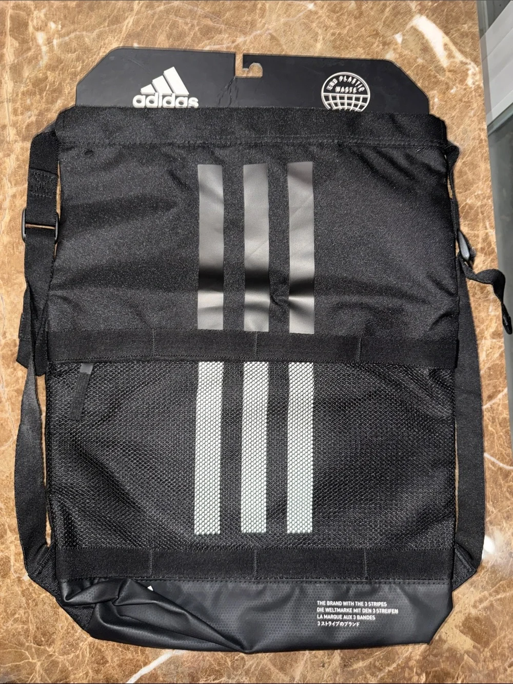 adidas Black Drawstring Sling Backpack with Reflective Three-Stripes